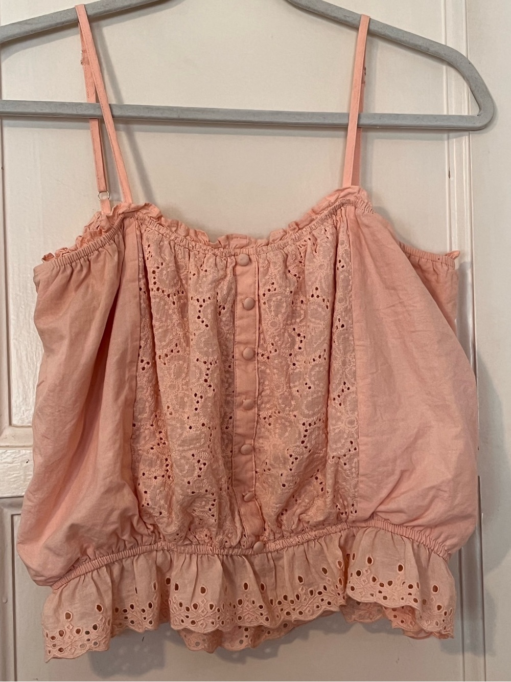 Gigio Pink Eyelet Lace Cami Top Smocked Ruffle Hem Tank Medium